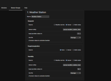Home Assistant Smart Irrigation Sensor Groups page to map sensors to entities