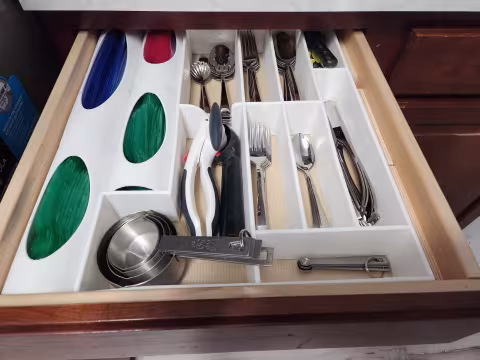 3D printed silverware drawer organizer and Ziploc bag dispensers