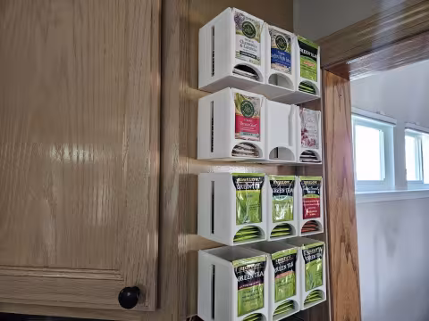 3D printed wall mounted tea bag dispensers as space saving organizers